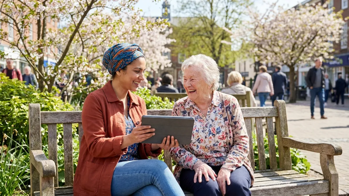 An interviewer with a tablet records answers from an older woman sitting on a park bench in a leafy square
