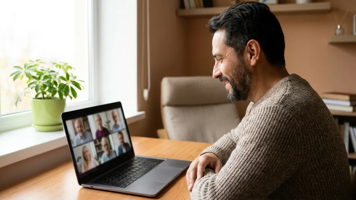 A moderator at a home desk by a window leads an online focus group with participants on his laptop screen