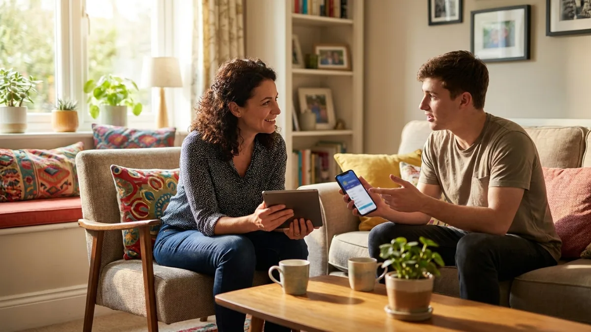 An interviewer with a tablet listens as a young man on a sofa shows her a shopping app on his phone in his living room