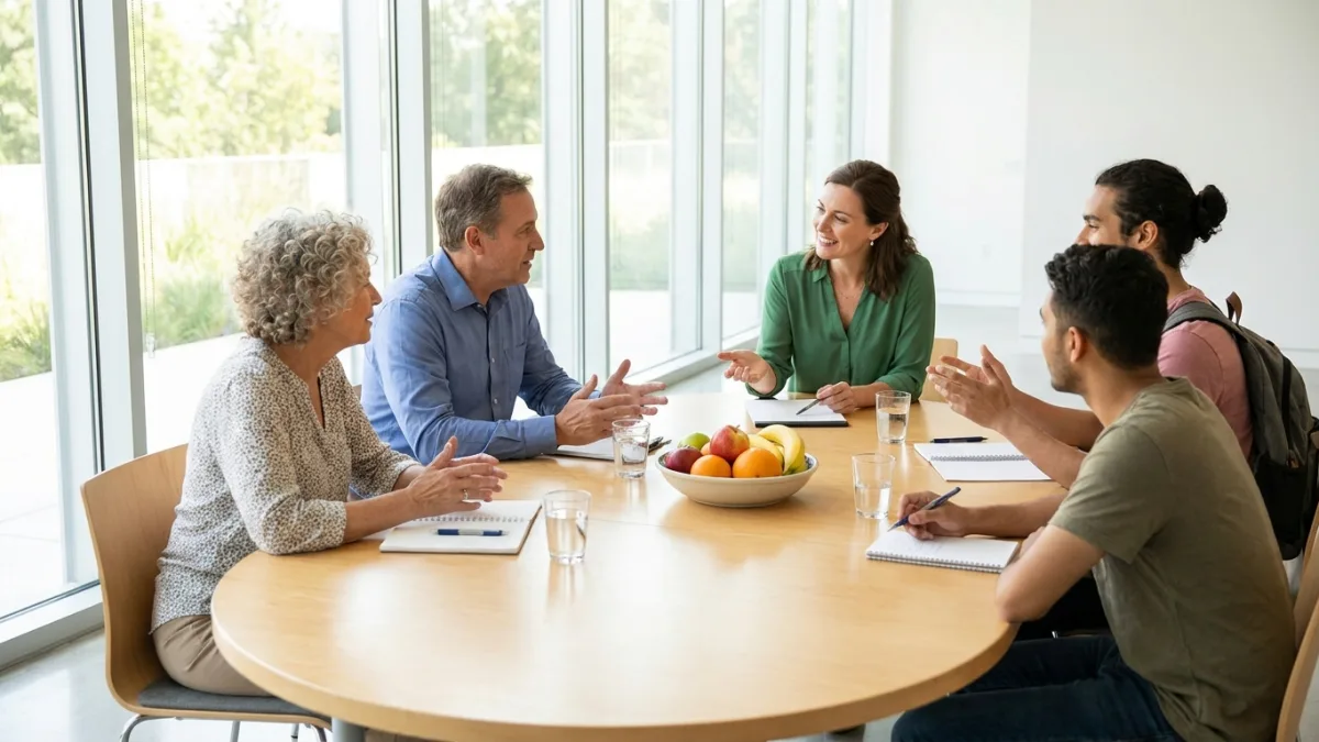 A moderator leads a lively discussion with five participants of different ages around a table in a bright focus group room