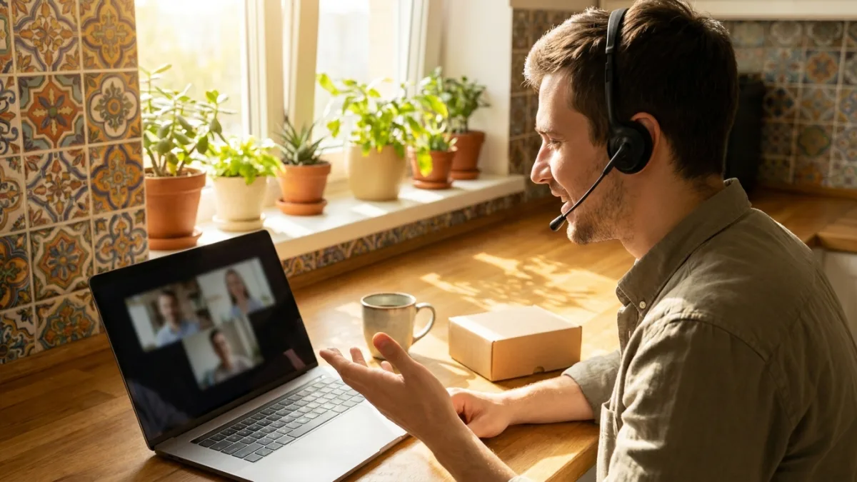 A young man wearing a headset joins an online group discussion from his laptop at a sunny kitchen table