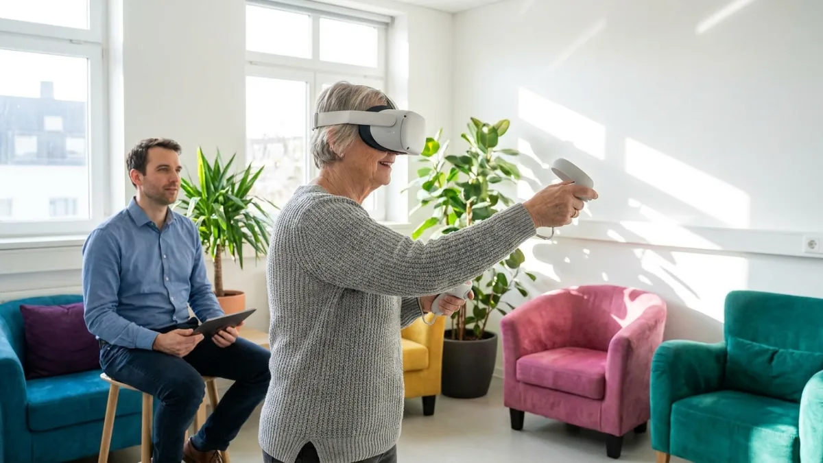 An older woman in a virtual reality headset reaches out with controllers while a researcher beside her takes notes