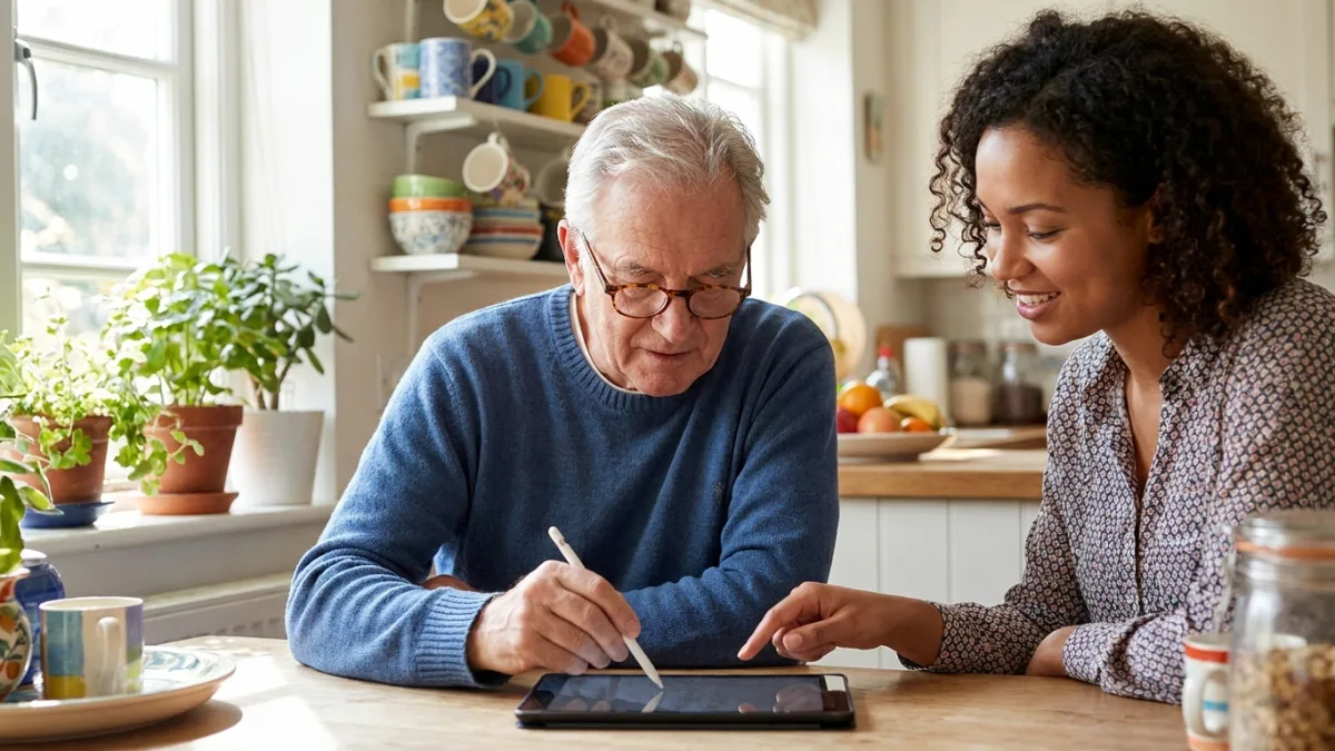 An older man using a tablet at his kitchen table while a young female interviewer helps him