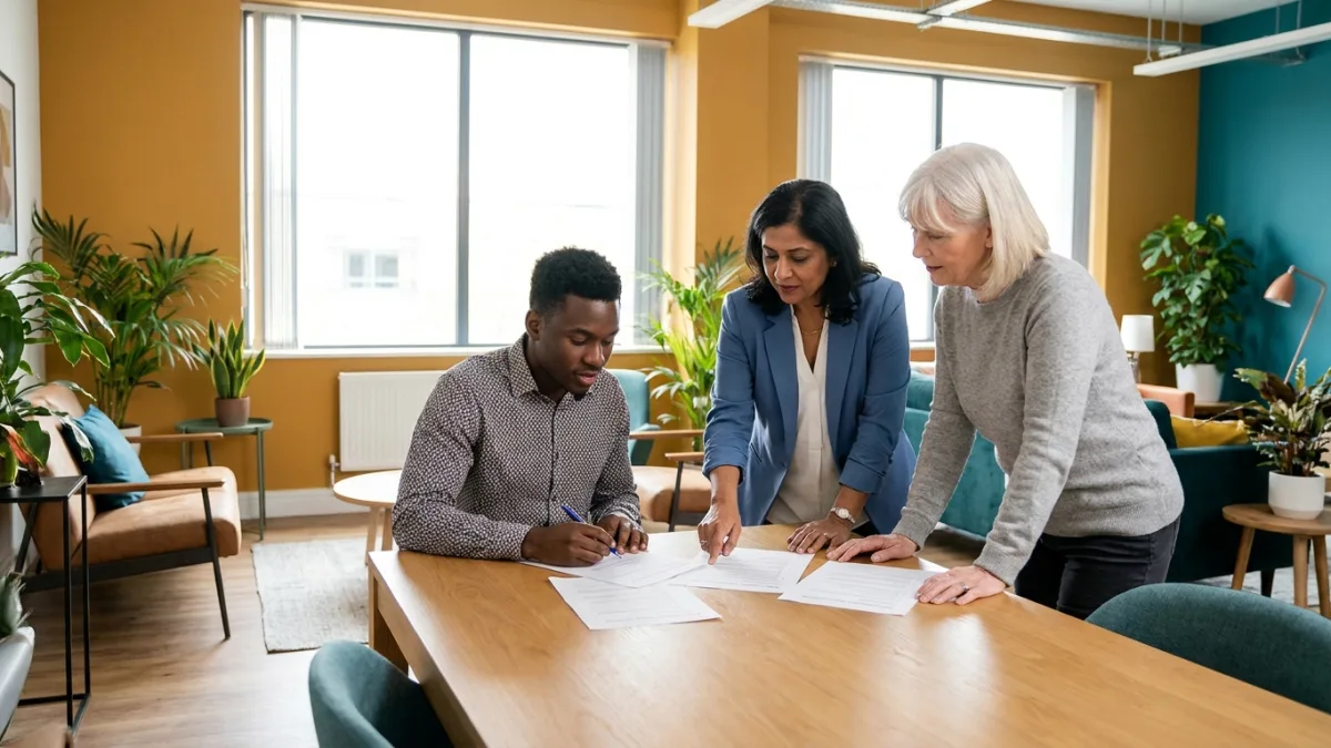 Three researchers of different ages around an office table, reviewing paper questionnaire drafts together