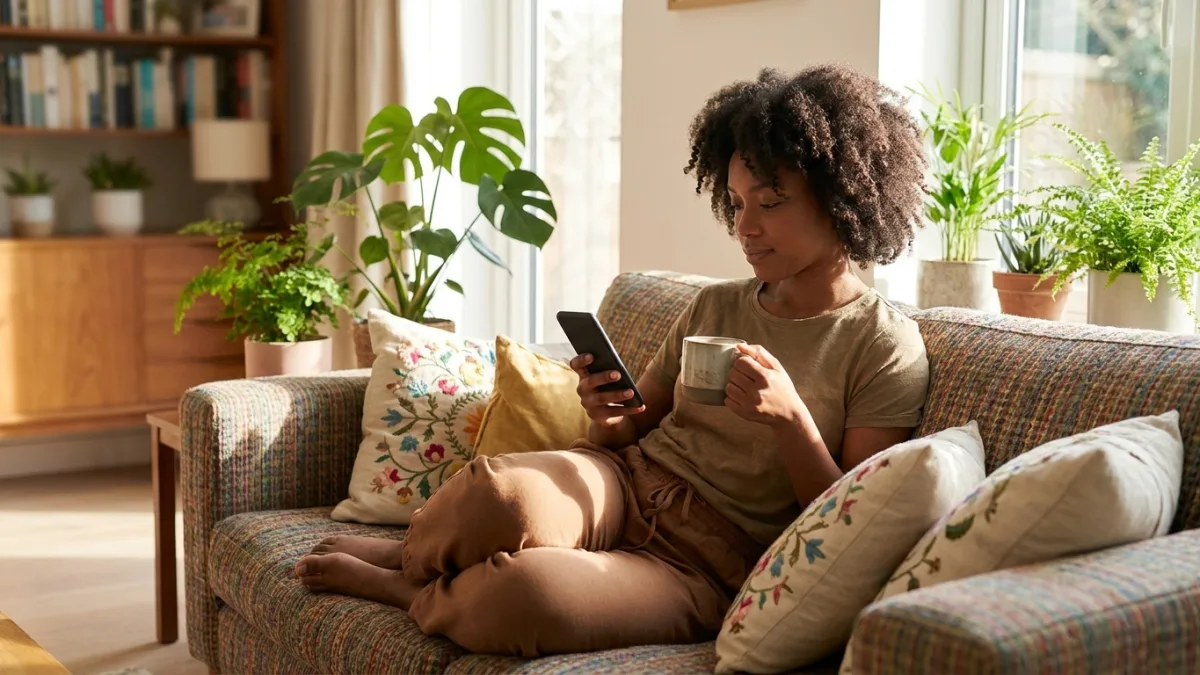 A young woman relaxes on a colourful sofa at home, holding a cup of tea and filling in something on her smartphone.