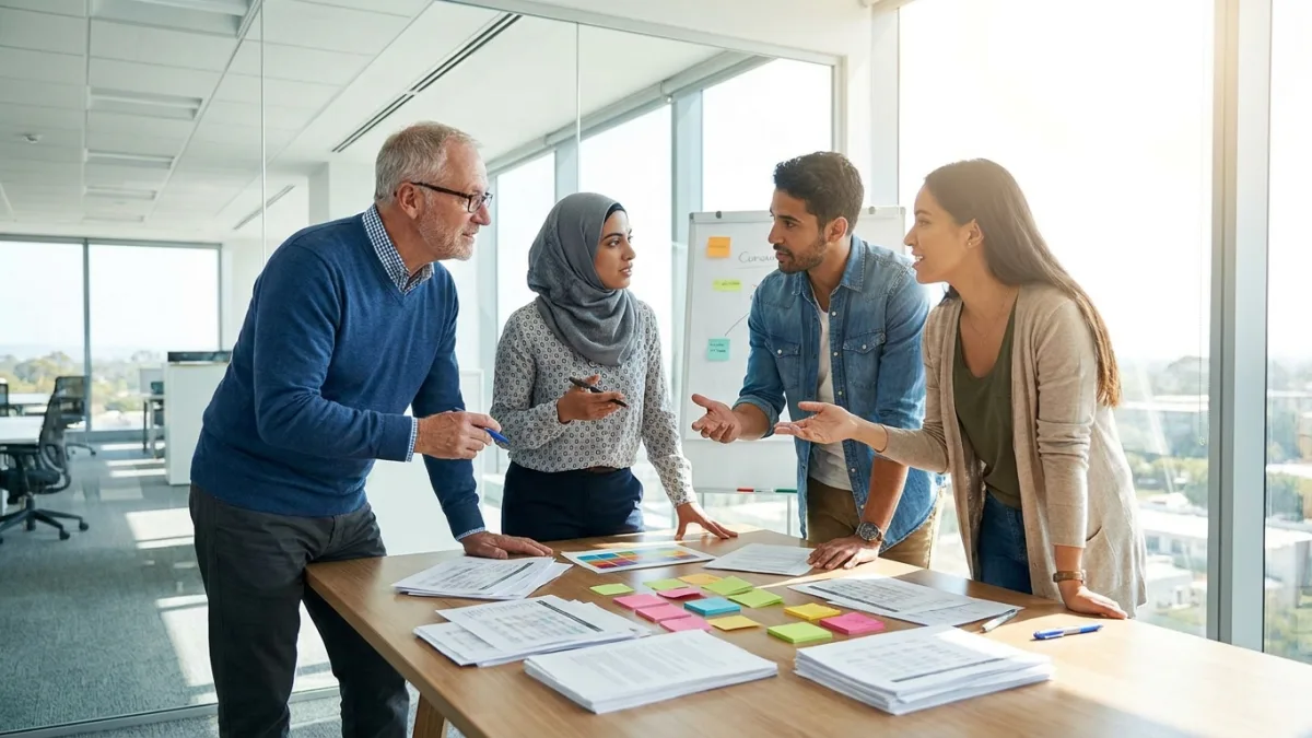 Four colleagues of different ages gather around a meeting table with printed papers and sticky notes, planning work together.