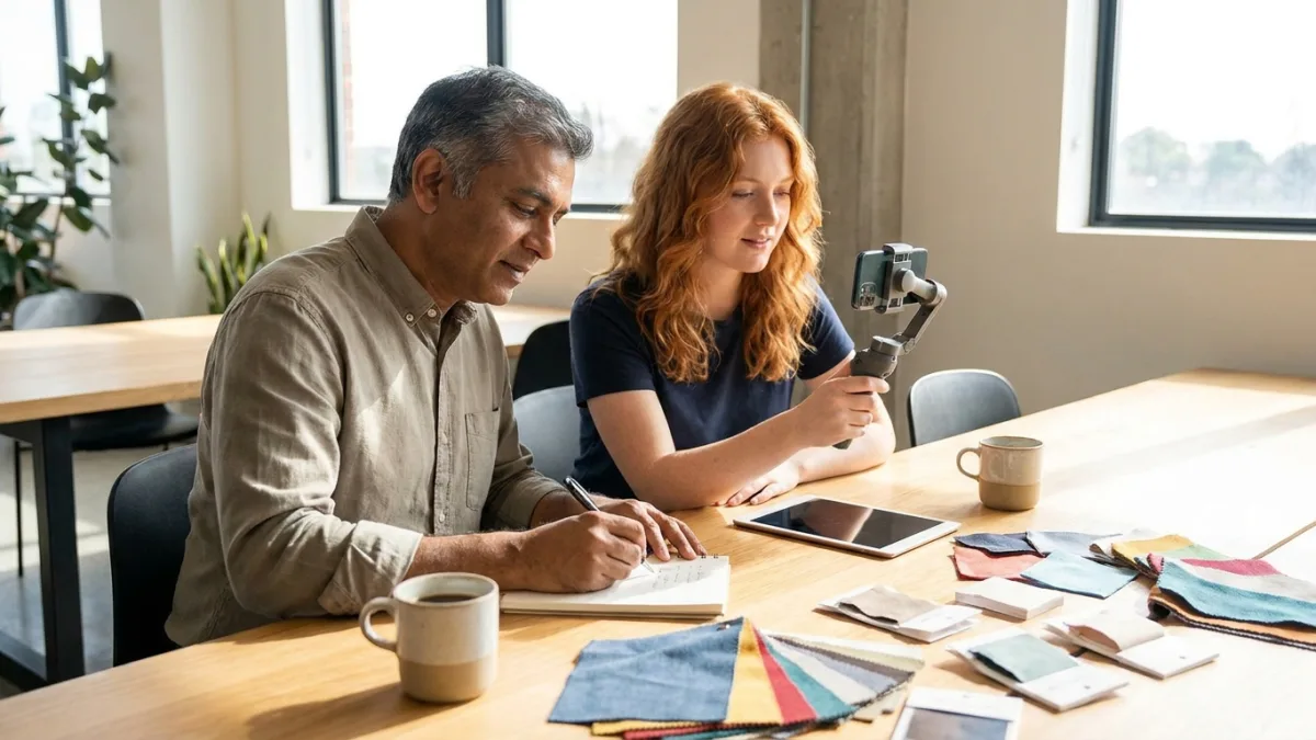 A man writing in a notebook and a woman holding a phone on a gimbal sit together at a table in a sunny shared office