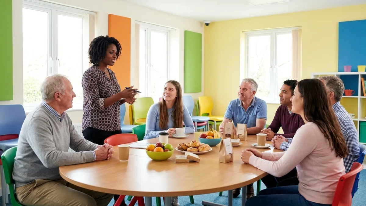 A moderator leads a discussion with six people around a table while a small camera records from the corner of the room