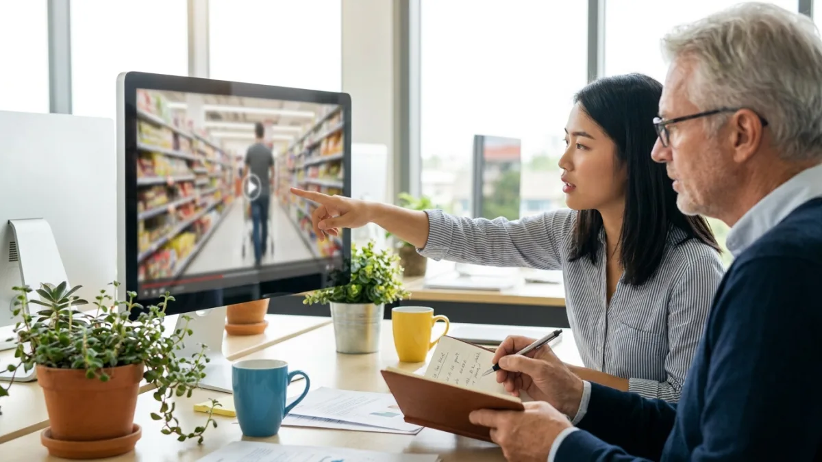 Two analysts at a desk watch a paused video of a shopper on a monitor, one pointing at the screen while the other writes notes