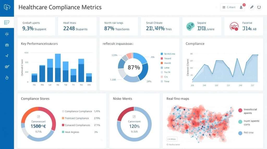 Healthcare professionals analyzing AI-generated compliance reports on digital displays