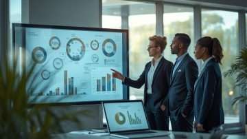Business professionals analyzing circular economy market research data and sustainability reports in modern office environment