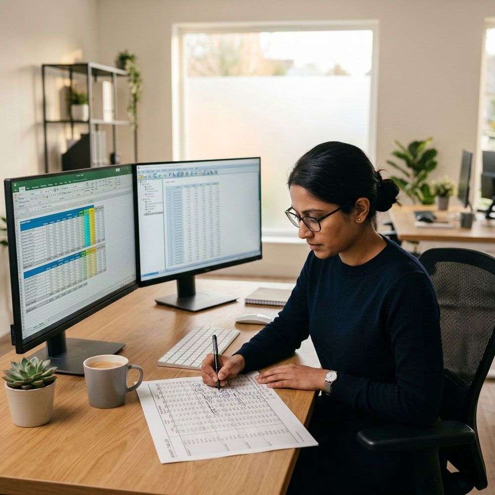Data analyst reviewing market research cross-tabulation and banner tables with SPSS output for professional survey data processing and tabulation services