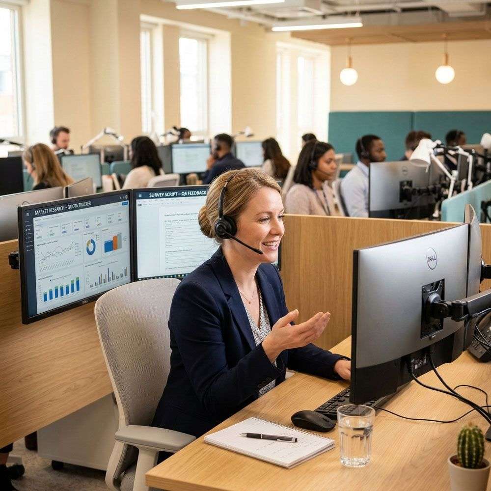 Market research interviewer managing CATI telephone fieldwork with real-time survey quota monitoring across global markets for a fieldwork management company