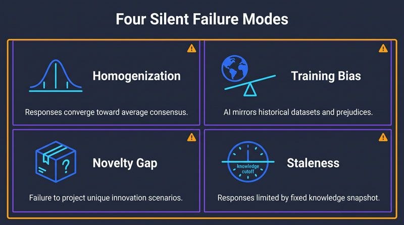  Synthetic respondents four failure modes framework: bias, homogenization, novelty gap, staleness | Research and Metric