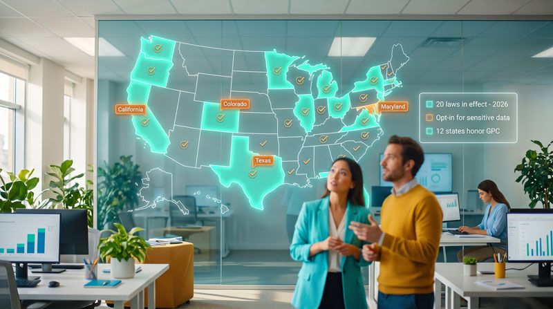 US state privacy laws map showing 20 active states in 2026 | Research and Metric