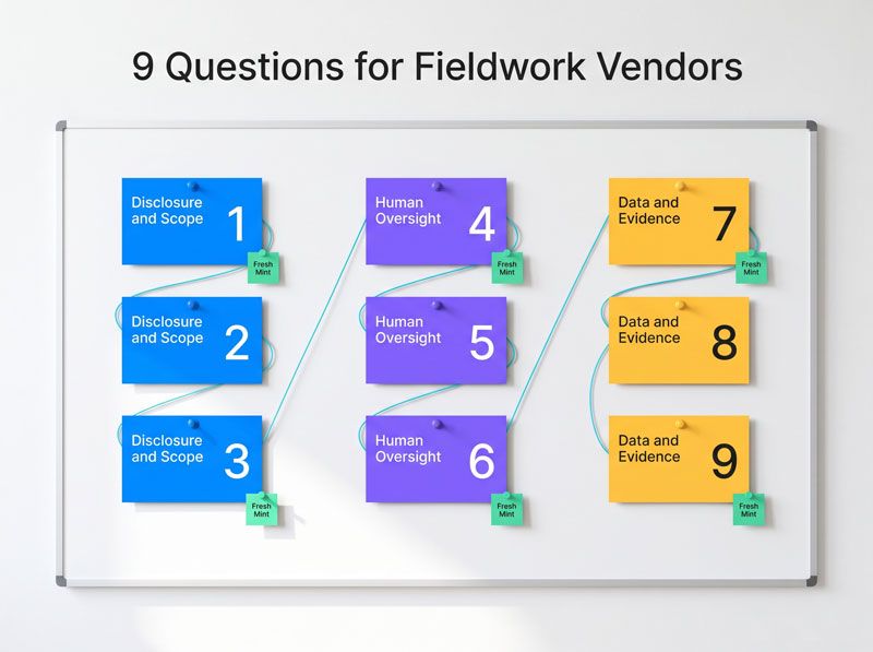 Fieldwork vendor due diligence, the nine question framework grouped in three clusters | Research and Metric